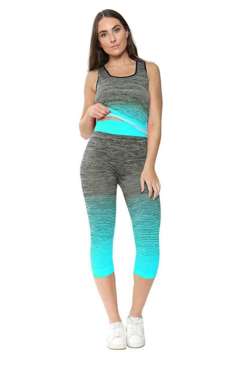 New Ladies Running Fitness Gym Work Out 3/4 Leggings and Vest Top *2 Pcs* Set