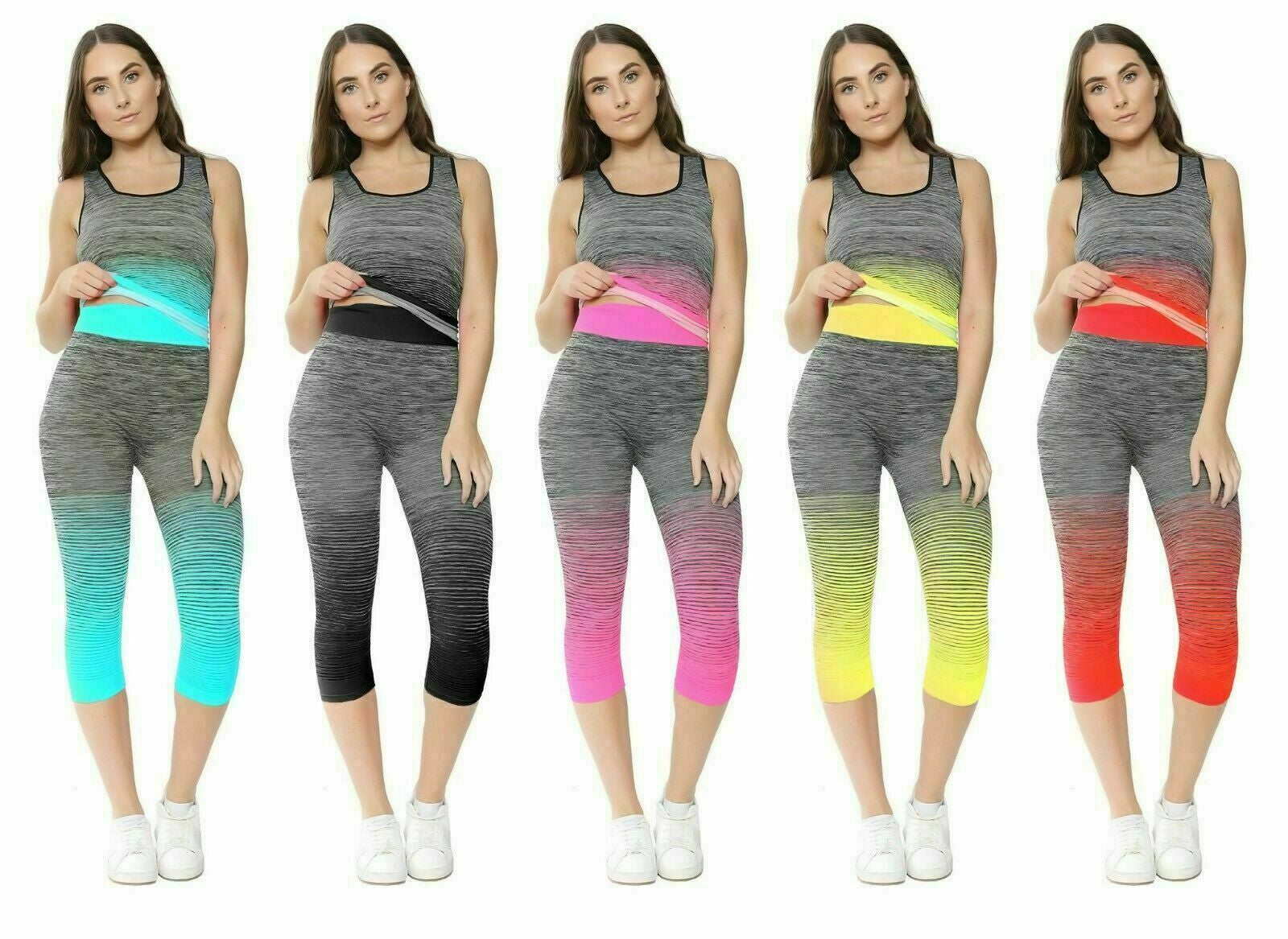 New Ladies Running Fitness Gym Work Out 3/4 Leggings and Vest Top *2 Pcs* Set
