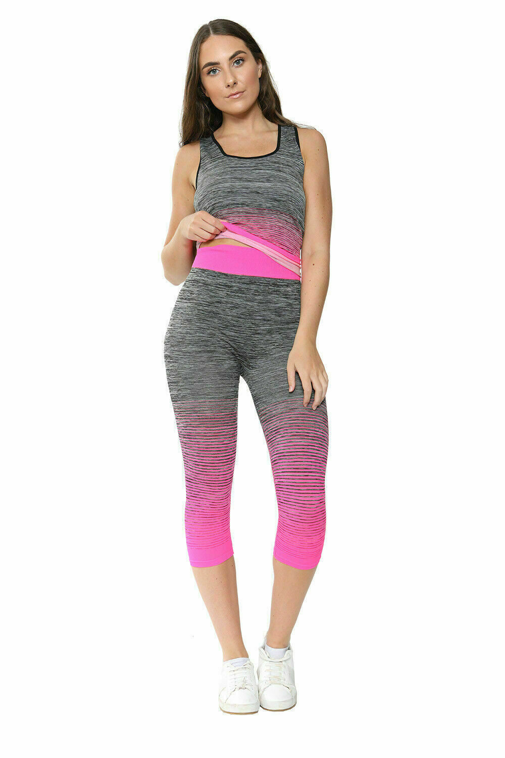 New Ladies Running Fitness Gym Work Out 3/4 Leggings and Vest Top *2 Pcs* Set