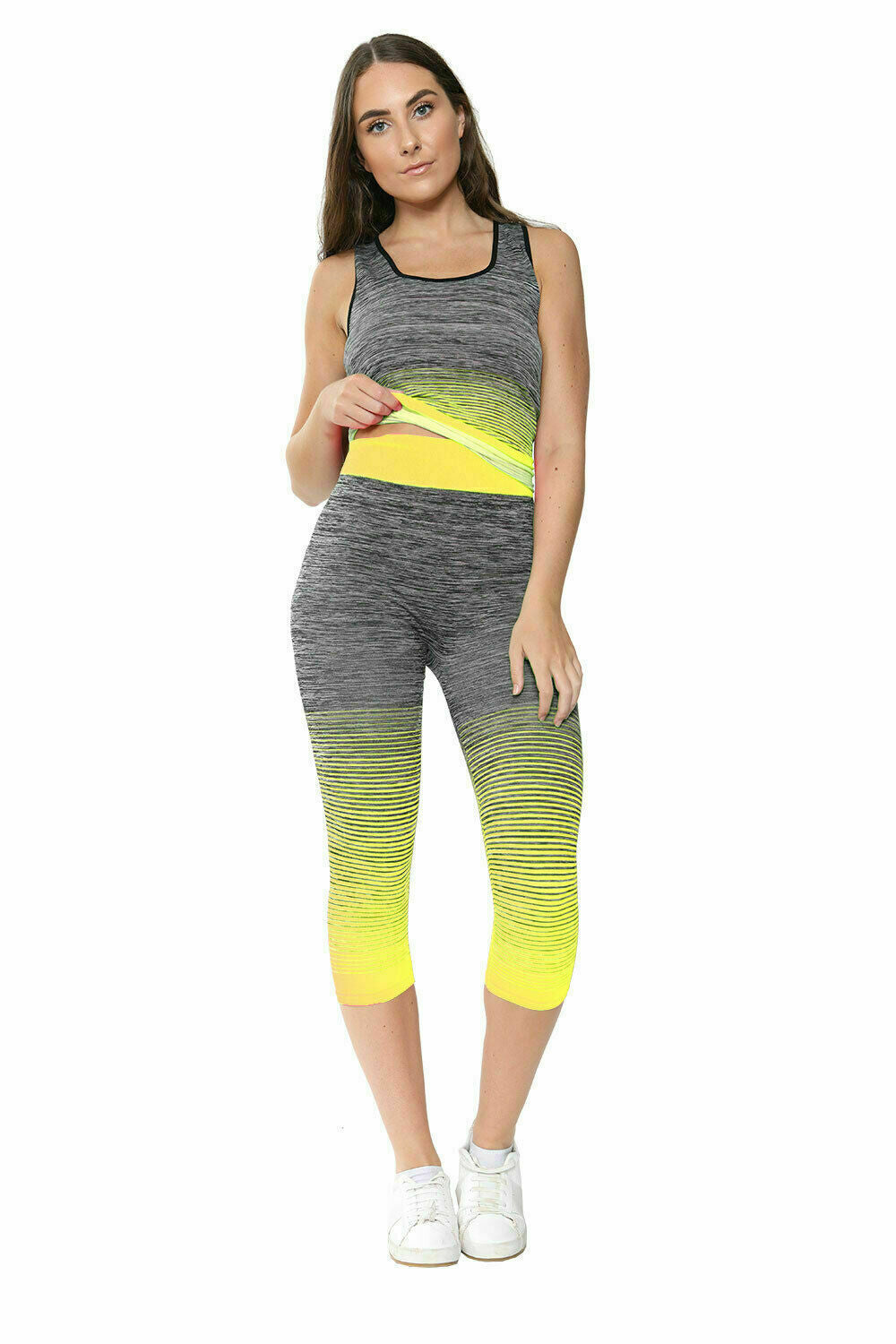 New Ladies Running Fitness Gym Work Out 3/4 Leggings and Vest Top *2 Pcs* Set